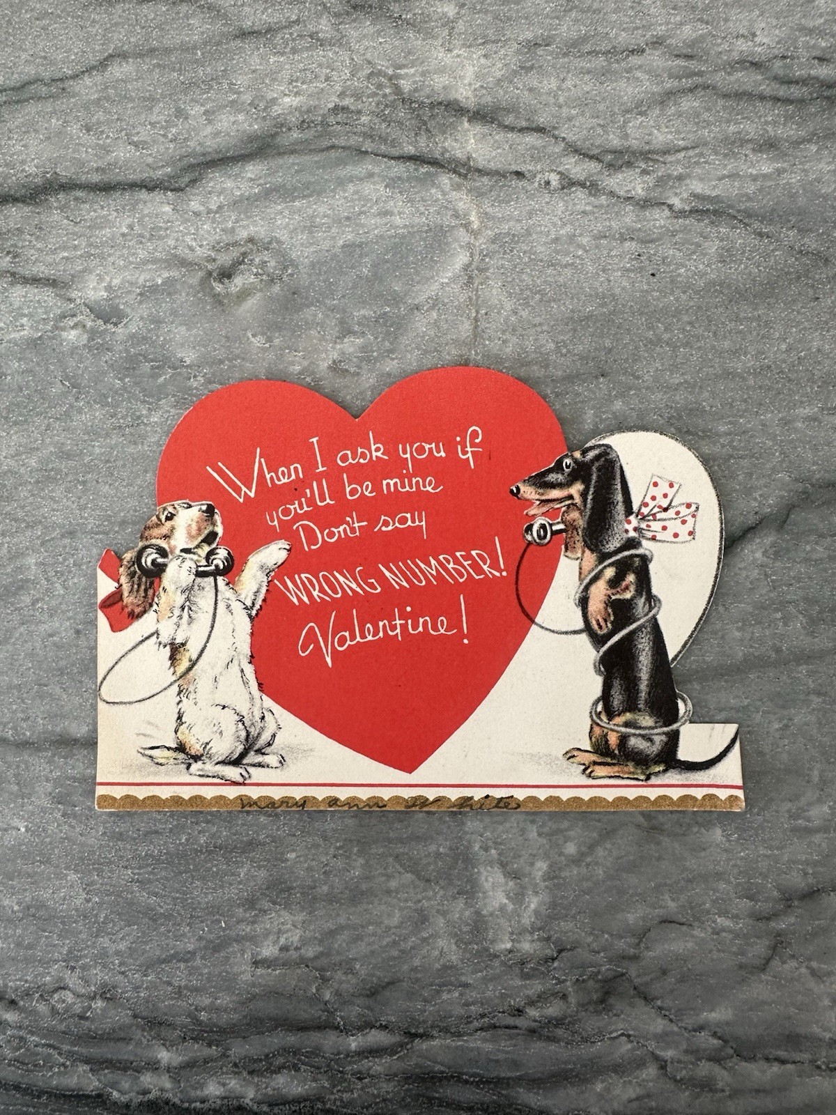 Vintage Valentine Dog Puppy Wiener Dog Dachshund Terrier Telephone Heart Bow
