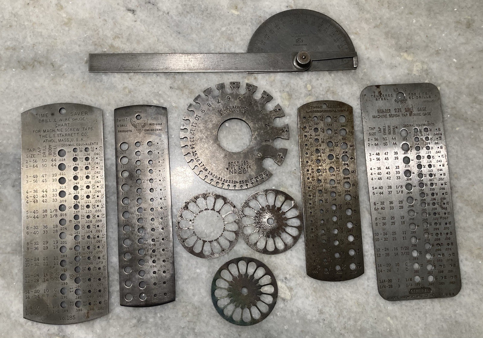 Lot Of 9 Machinist Drill Wire Gauges Starrett 281 Drill No. 15 Protractor 19