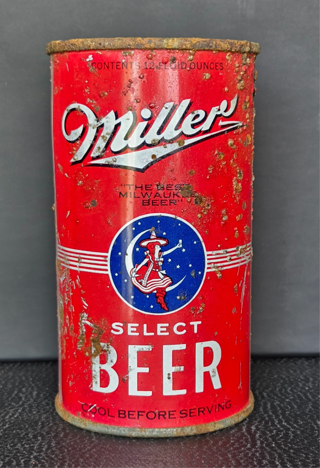 1939 RED MILLER SELECT FLAT TOP BEER CAN.  WITCH IN THE MOON