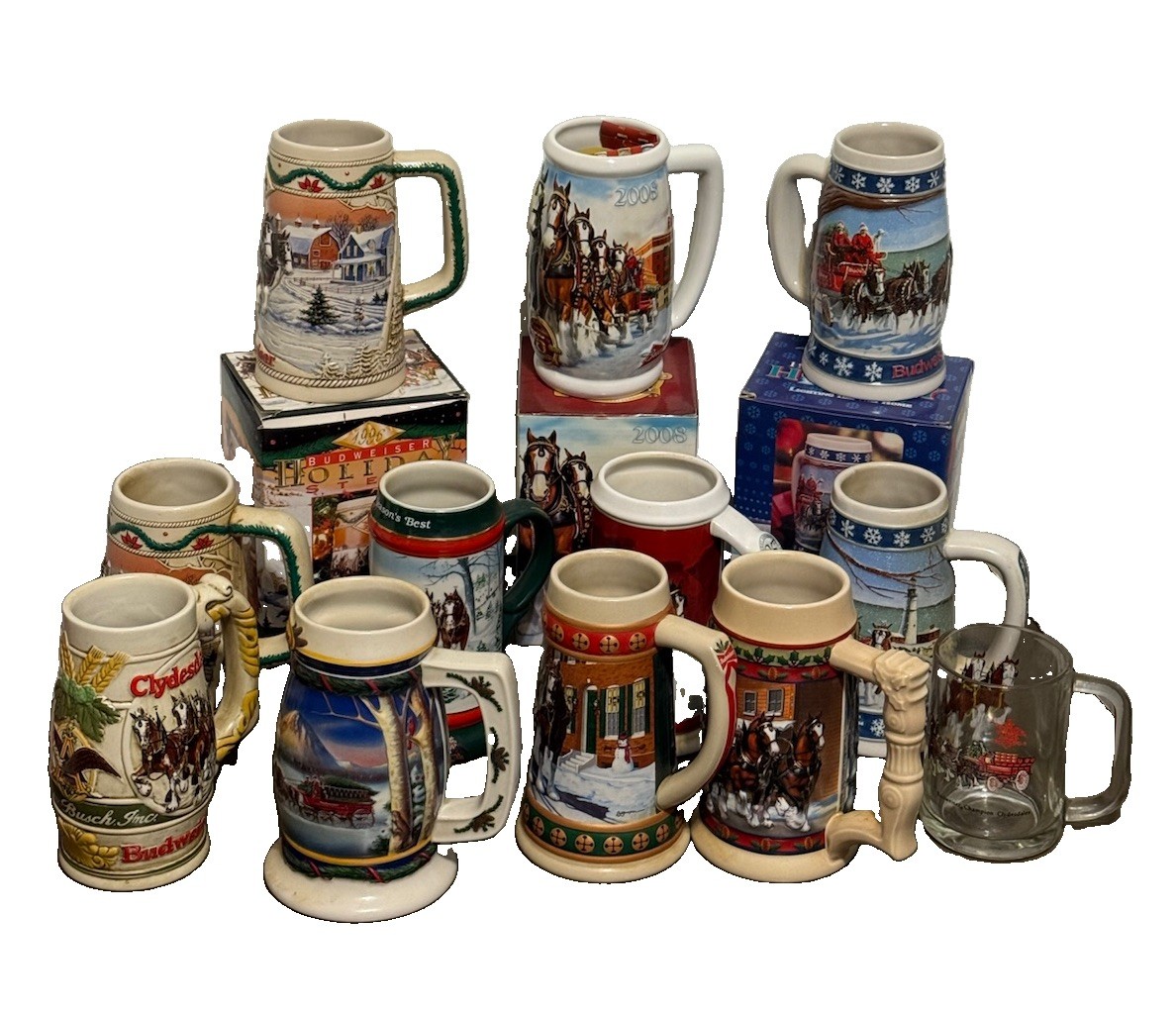 Lot 12 Vintage Budweiser Holiday Glasses, Steins, 3 Boxed, 1 Promotional, 1 Mug