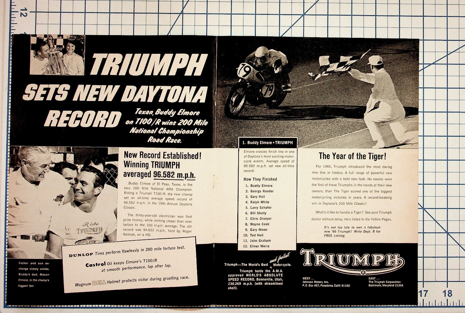 1966 Triumph Daytona Motorcycle Ad Buddy Elmore Record Road Race Ephemera