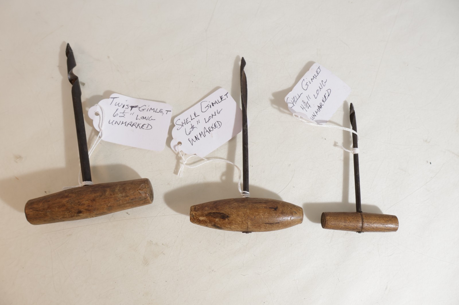 3 ANTQIUE WOODEN HANDLE GIMLETS DIFFERENT ONES GOOD CONDITION MUST SEE lot 309