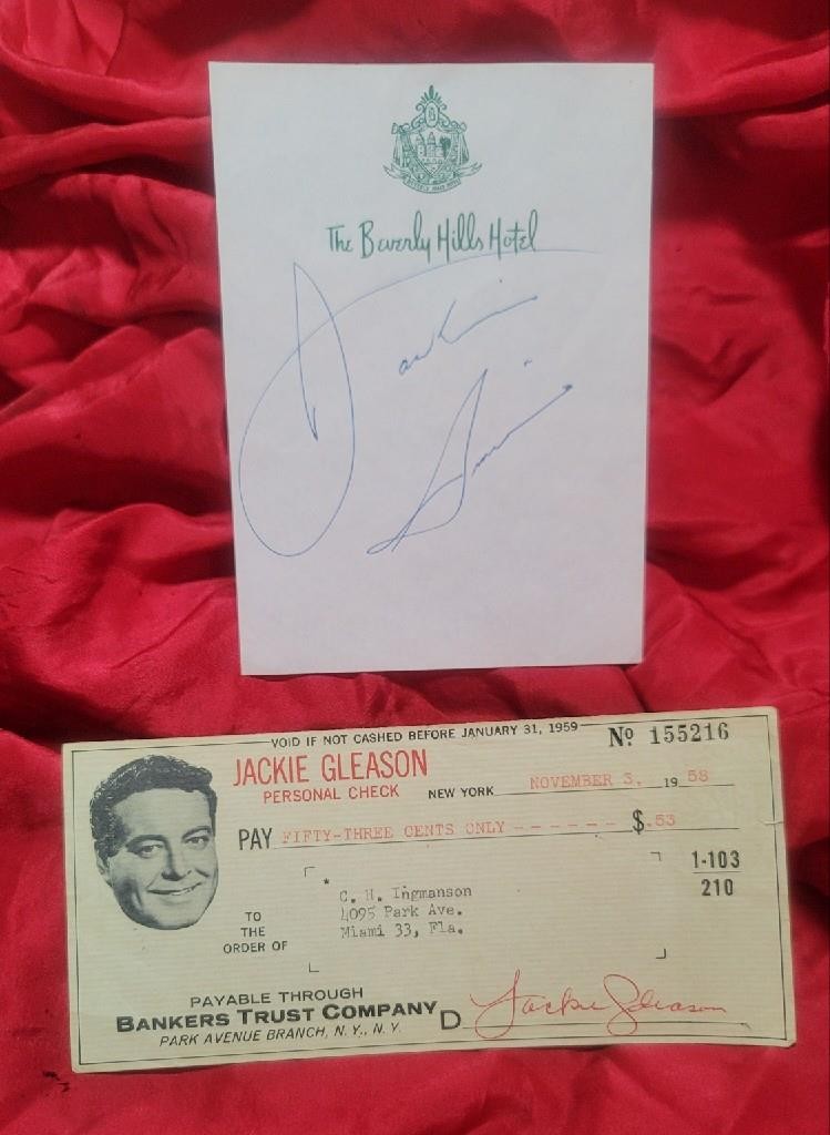 Jackie Gleason Autograph Beverly Hills Hotel Note Pad Sheet  with  Check