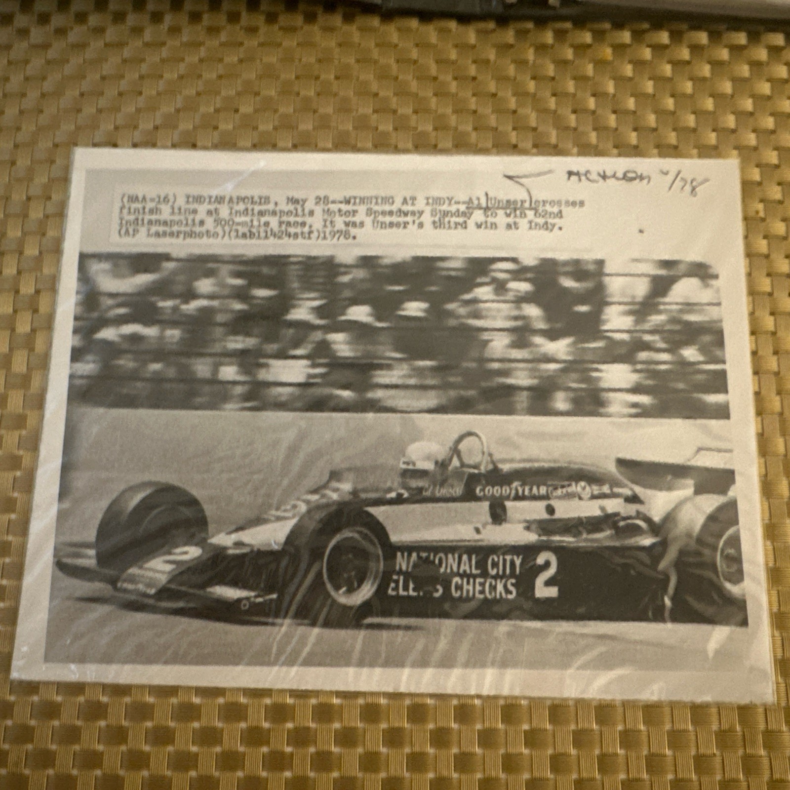 Original Al Unser 3rd Victory Indianapolis 500 1978 AP Laser Photo Press Photo
