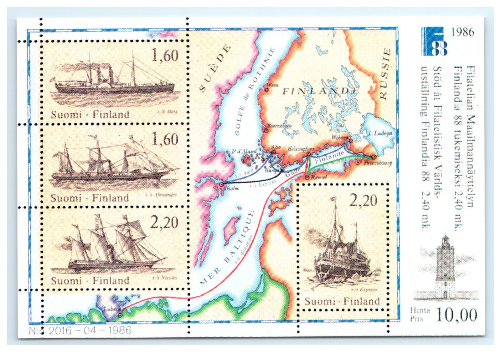 FINLANDIA 88 Finnish Miniature Sheet Baltic Sea Map Helsinki Finland Postcard