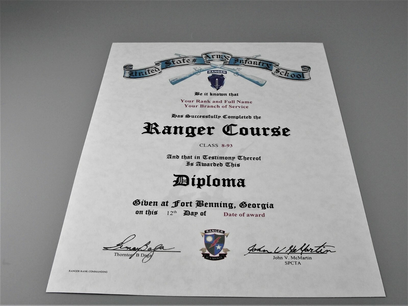 United States Army Ranger Course School Diploma Replacement Certificate