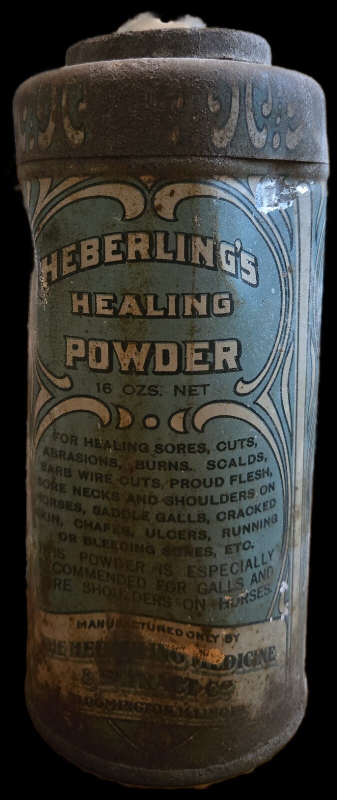 Early 1900s Heberling Healing  Powder Tin Canister 7 In. Medicine Horse Farmer 