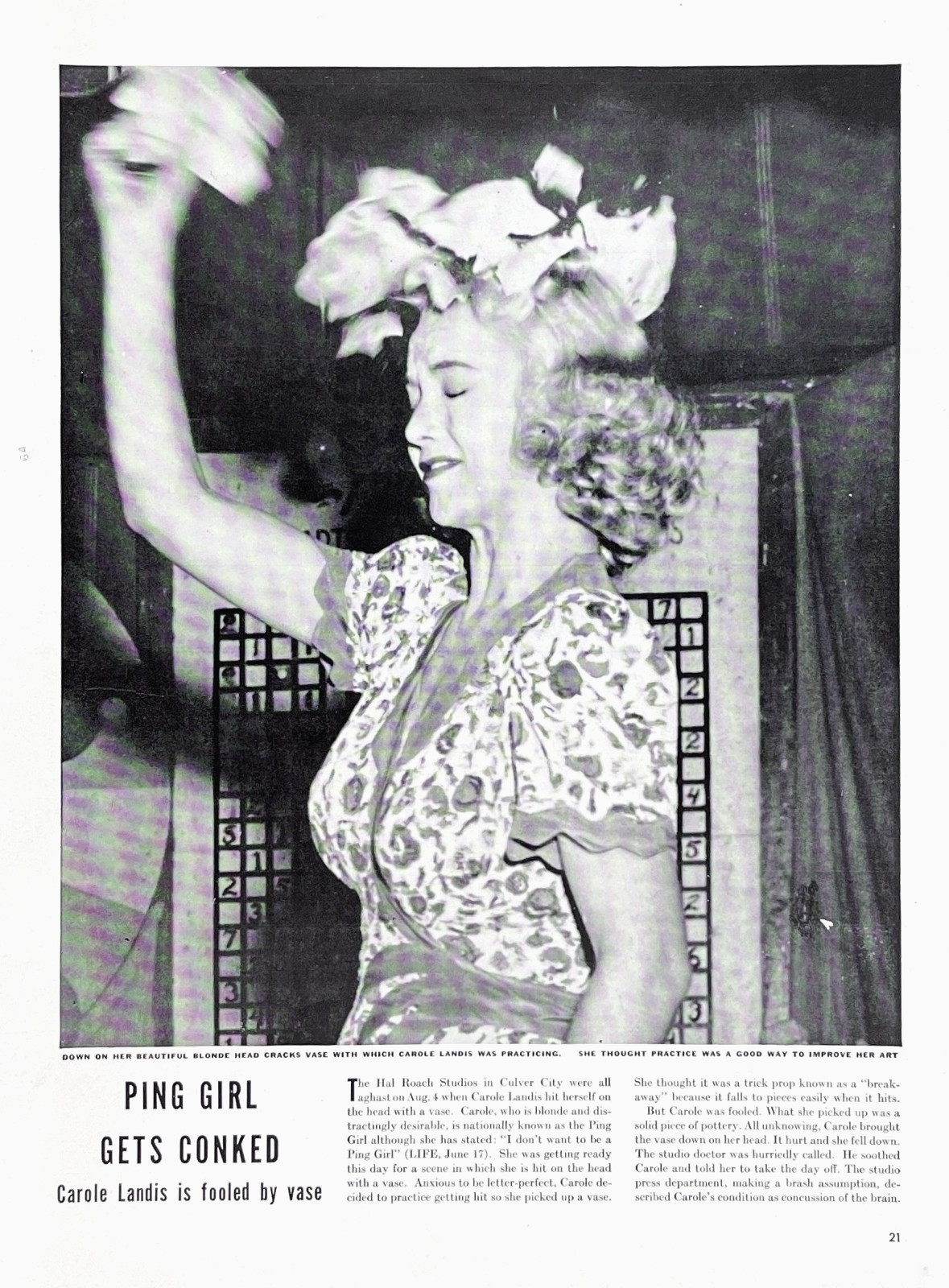 Carole Landis Ping Girl Gets Conked Injures Herself Photo 1940 Vtg Mag Excerpt