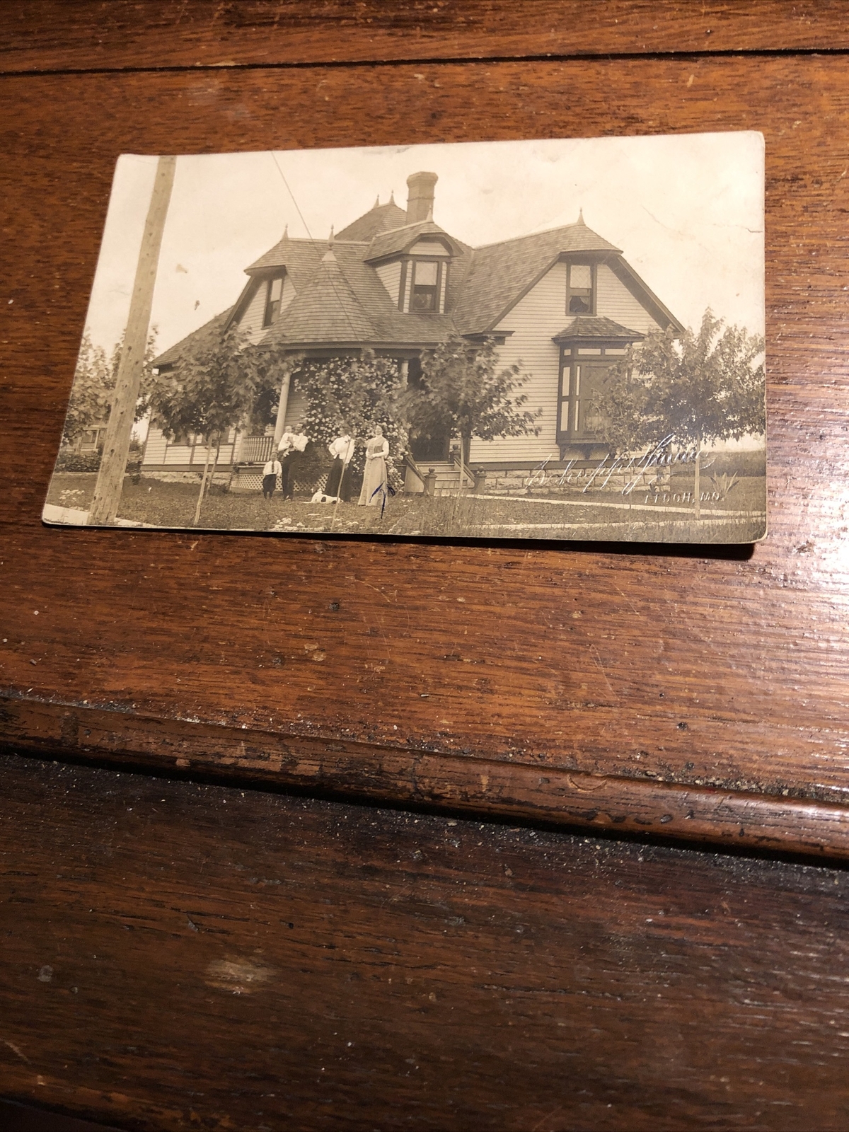 Vintage House - People Posing Dog - AZO Real Photo Post Card RPPC