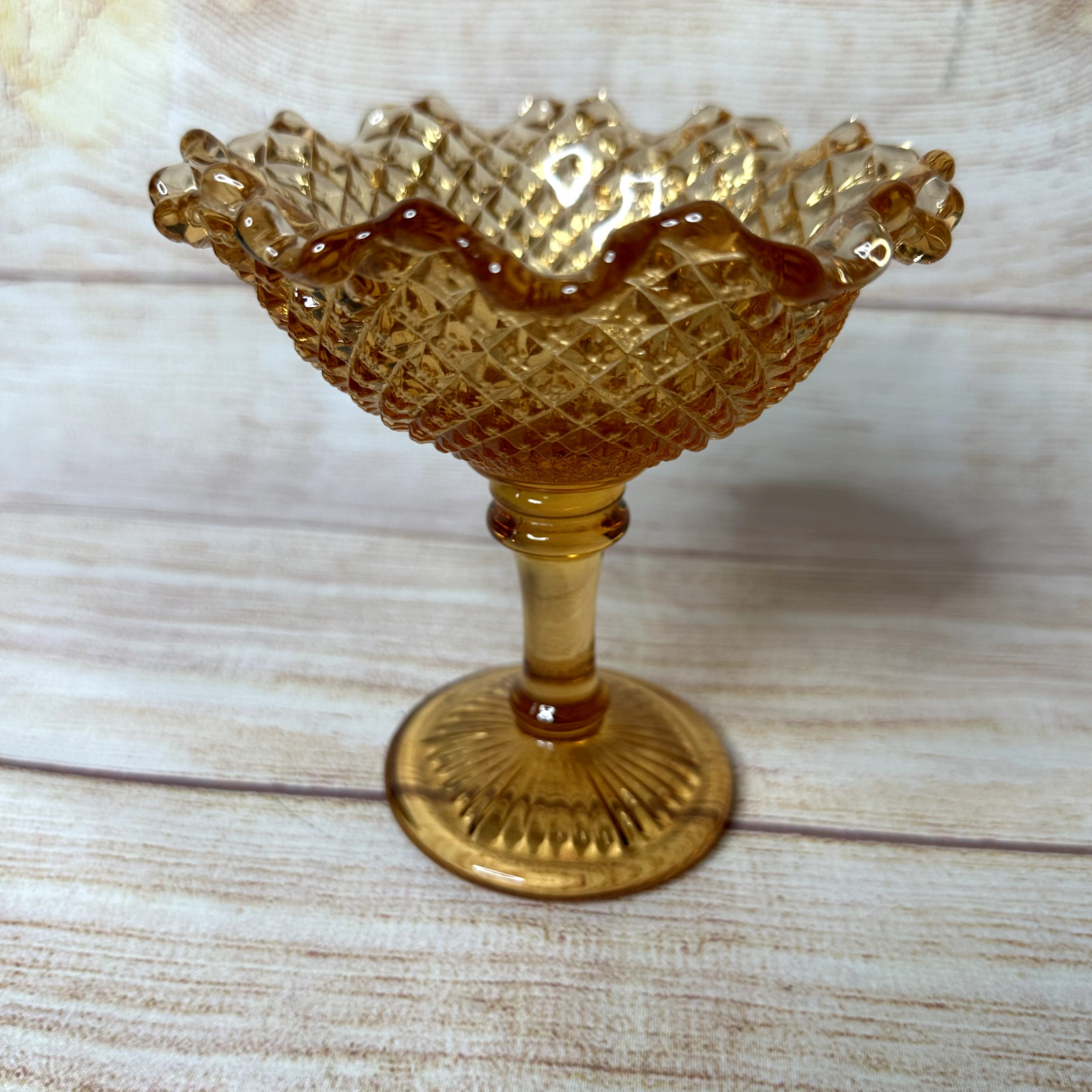 Vintage Westmoreland Golden Sunset Amber Diamond Ruffle Compote Pedestal Bowl