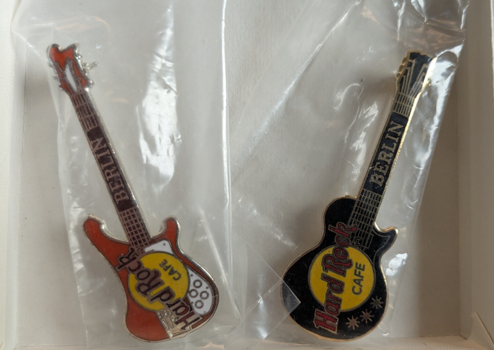 2 Vintage Hard Rock Cafe Berlin pins: Guitar & Bass MINT - NEW IN BAGS, sealed