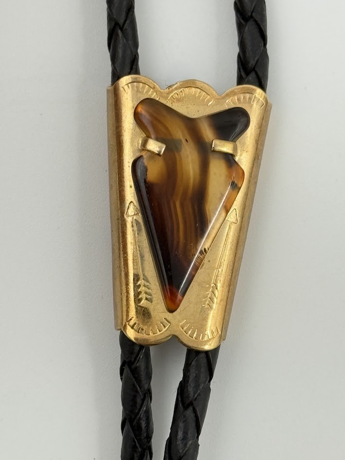 Vintage Bolo Tie Western Cowboy Southwest gold tone arrowhead arrow head Agate