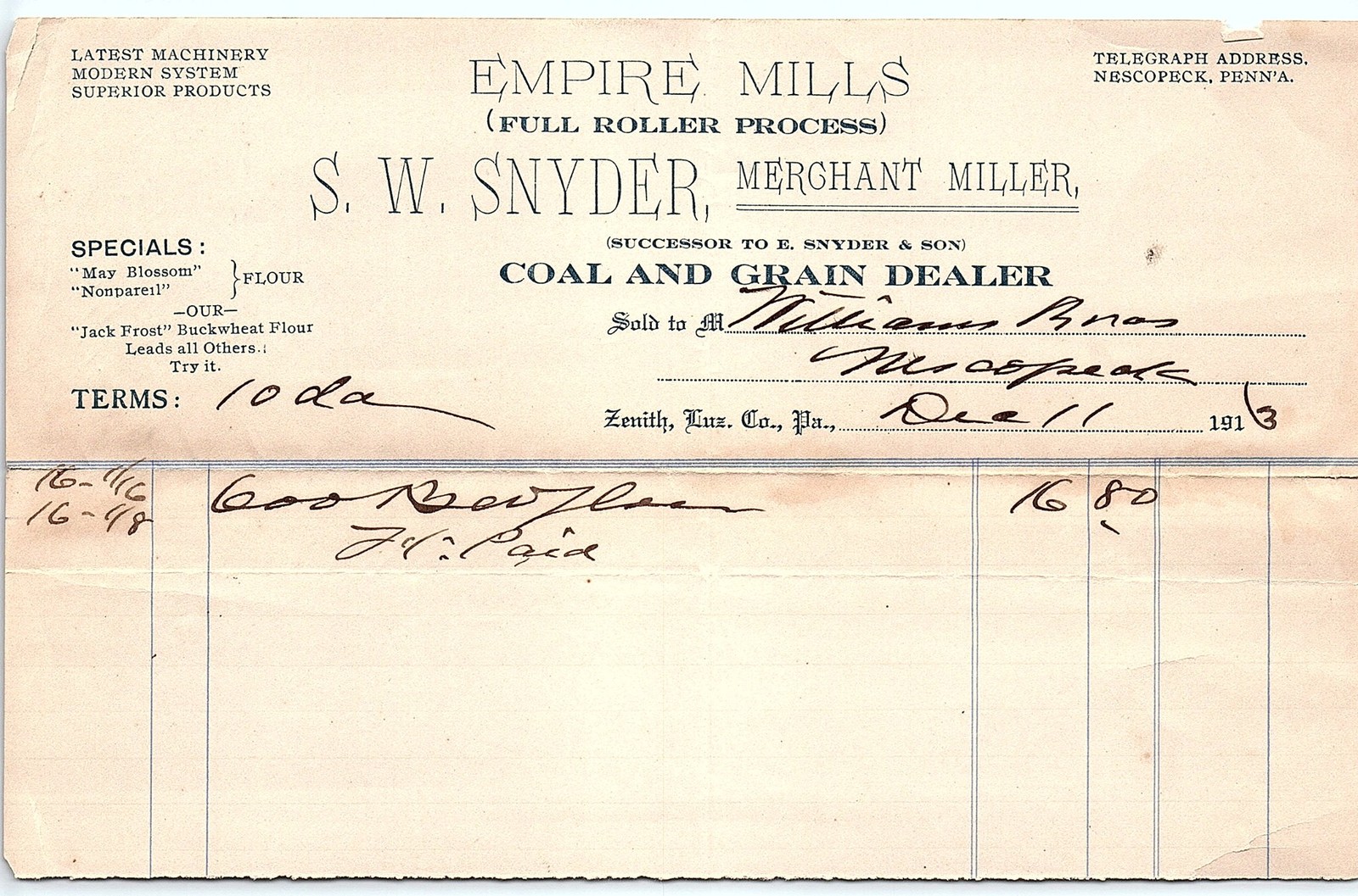 1913 S.W. Snyder Nescopeck PA Mill/Grain/Coal Billhead