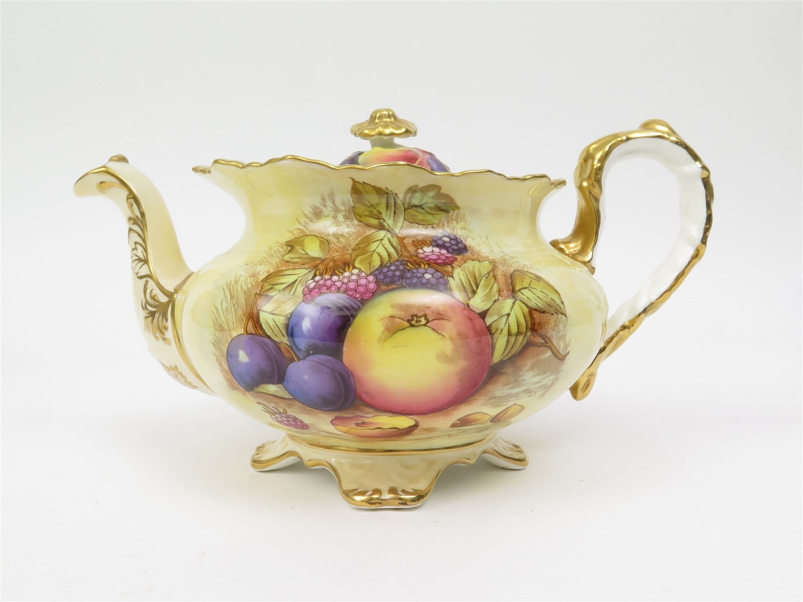 Rare AYNSLEY Orchard Fruits Teapot Signed D. Jones Fruit Pattern Gold Trim #1019