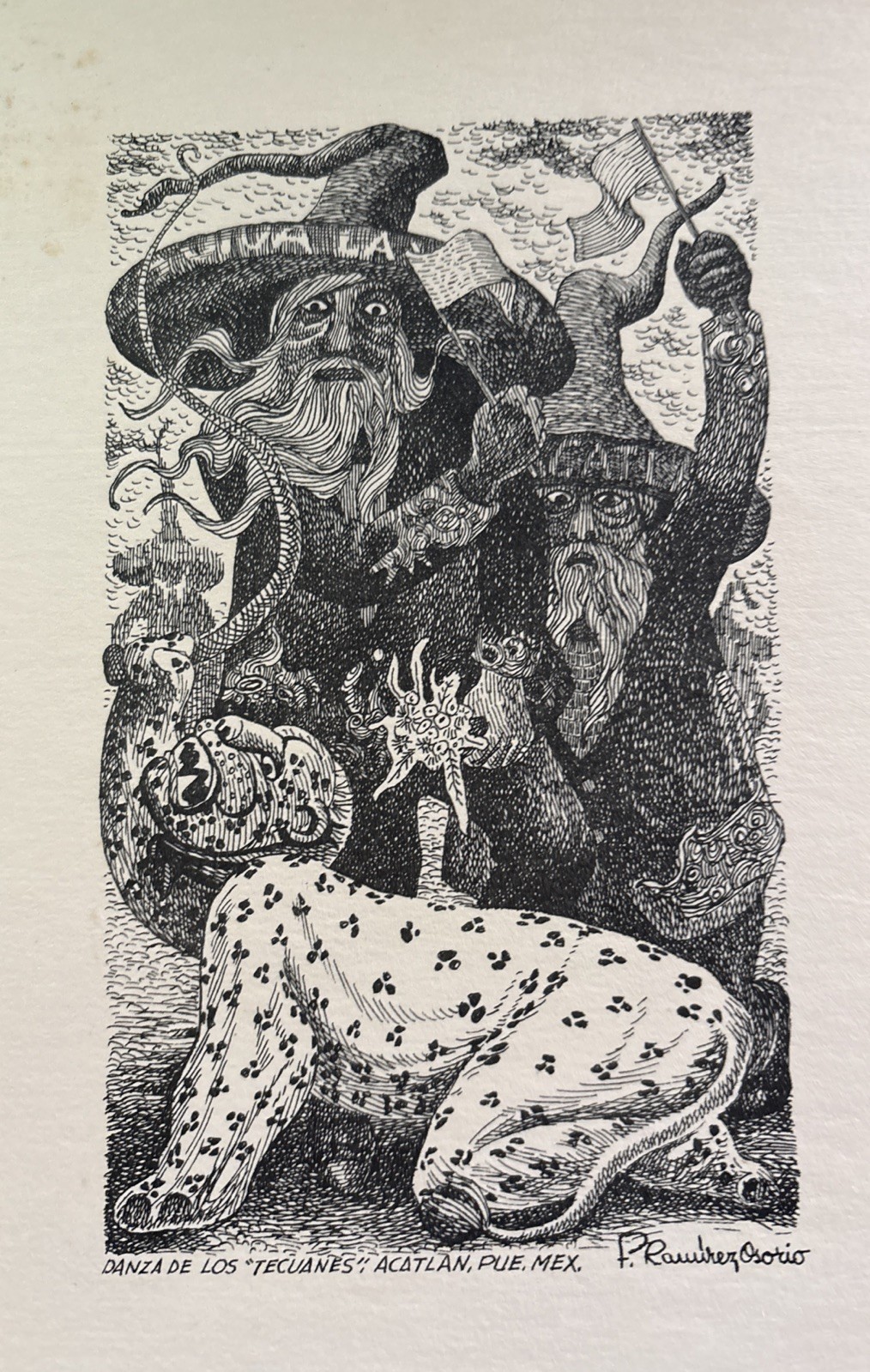 Lithograph of 'Danza de los Tecuanes' by Fernando Ramirez Osorio.
