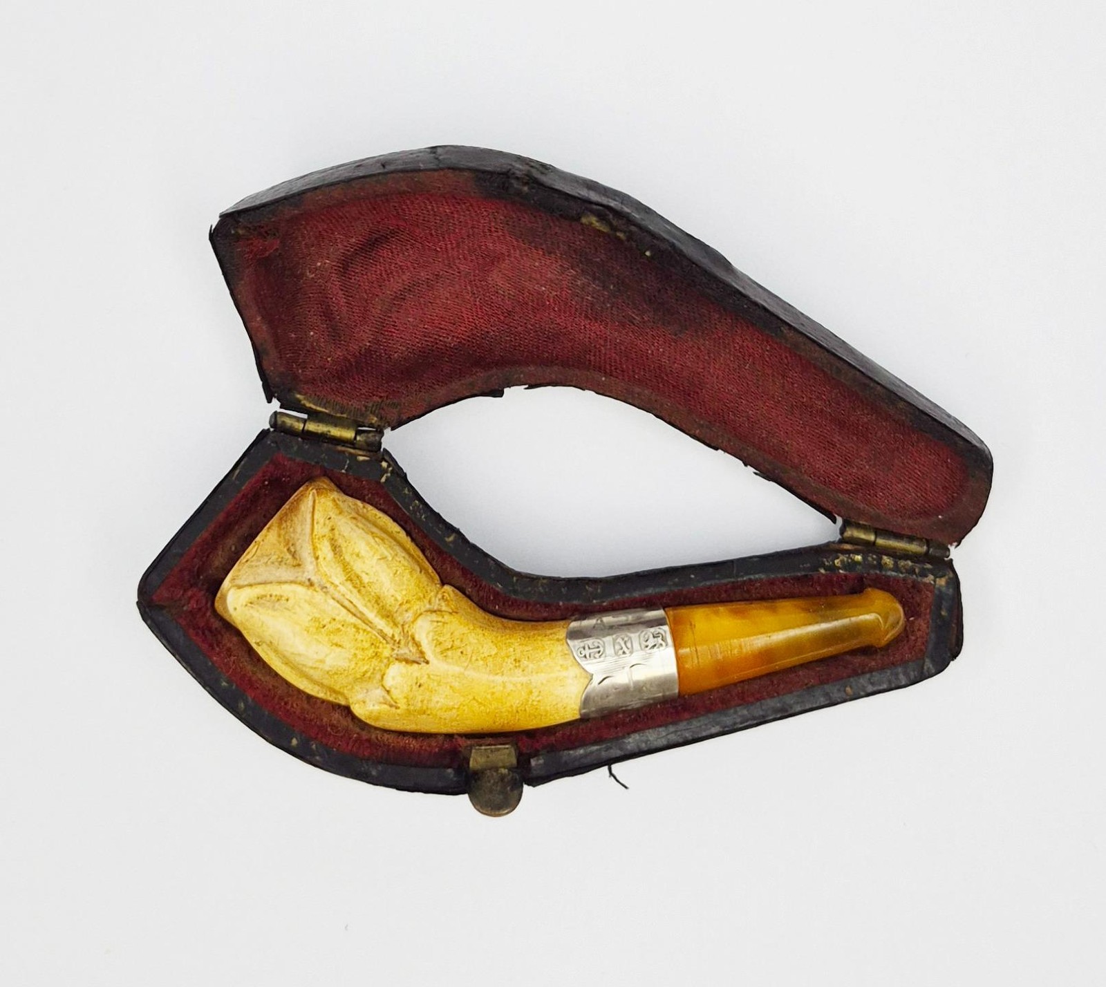 VICTORIAN MEERSCHAUM & SILVER CARVED MINIATURE CASED PIPE Birmingham 1897