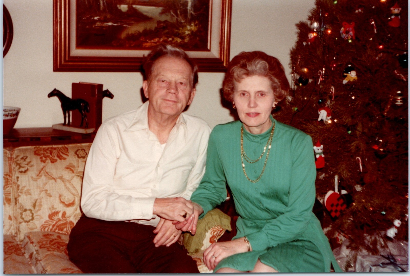 Vtg 1970s Found Photo Older Couple Posing by Christmas Tree Snapshot