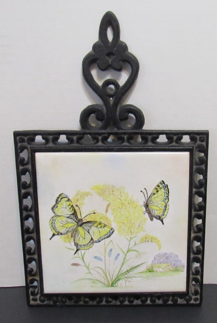 Vintage Ceramic Tile Trivet Cast Iron Handle Butterflies and Yellow Flowers EUC