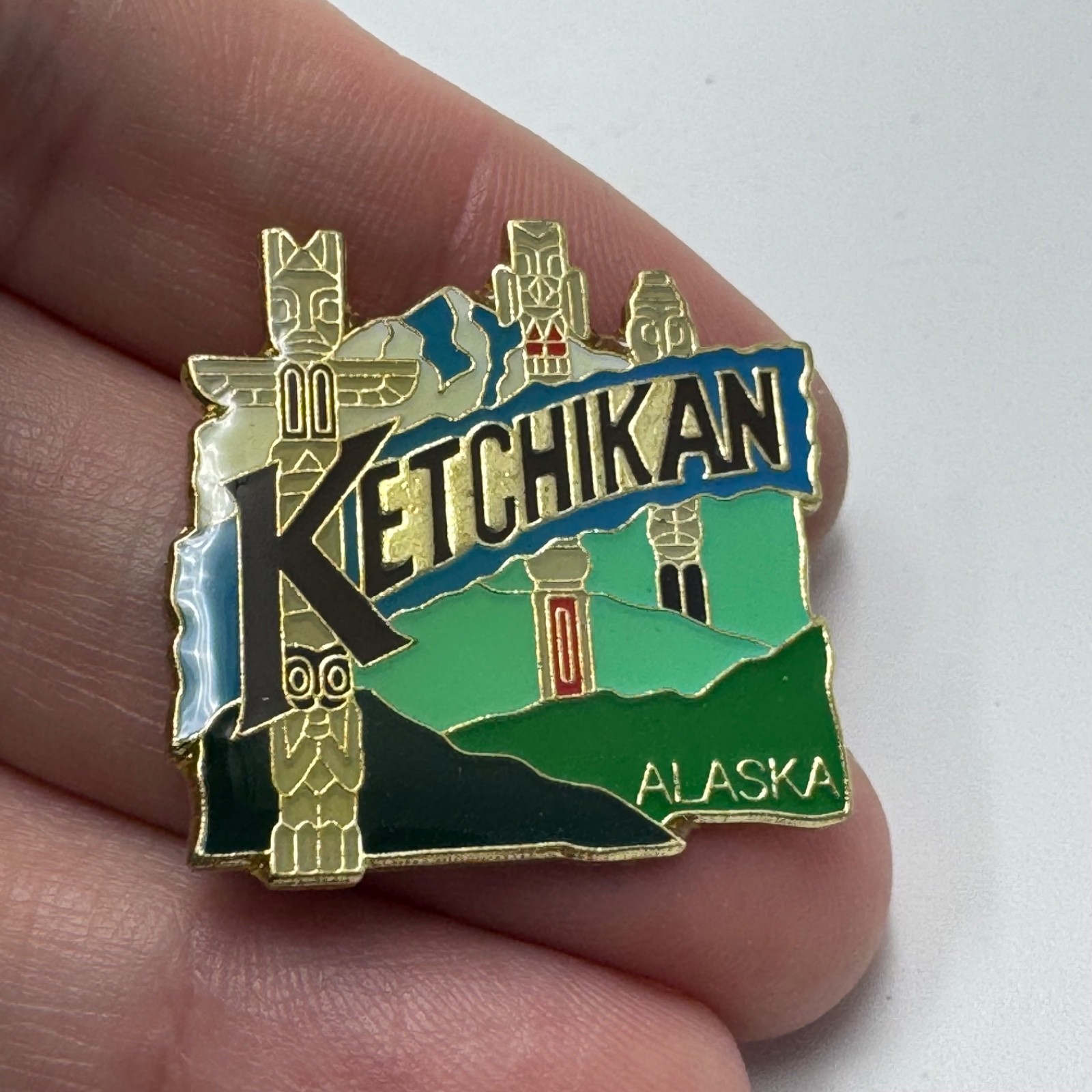 Vintage Ketchikan Alaska Totem Poles Scenic Travel Souvenir Lapel Pin Vintage Ketchikan Alaska Totem Poles Scenic Travel Souvenir Lapel Pin