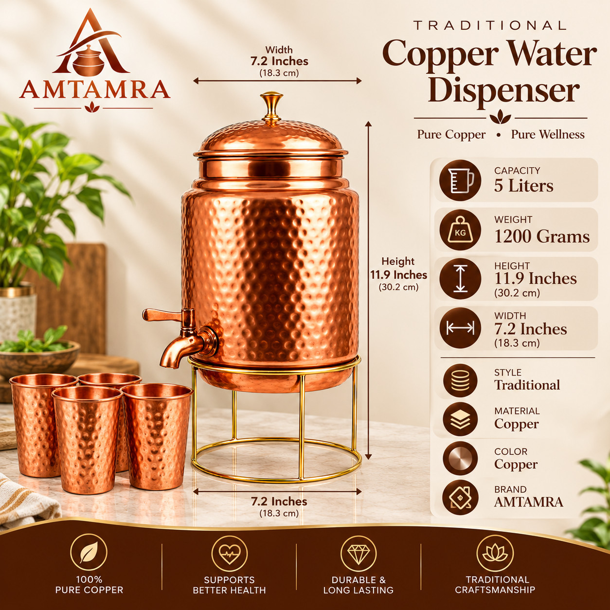 Pure Copper 5 Liter Pitcher/Dispenser/Container/Matka/Tanki & Stand, 4 Tumbler