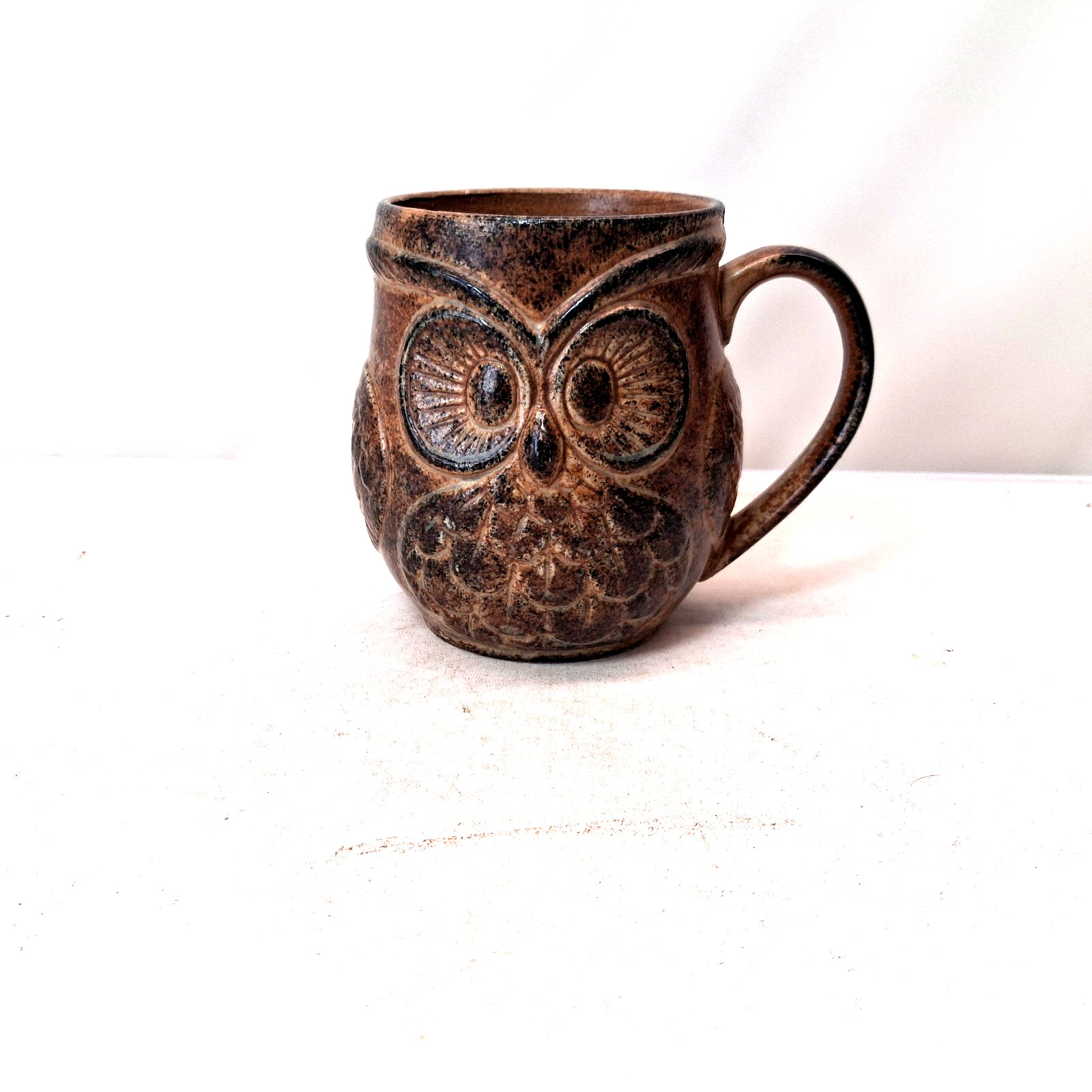 Vintage 1970s Owl Mug Brown Stoneware Ceramic Raised Relief Woodland Retro Cup