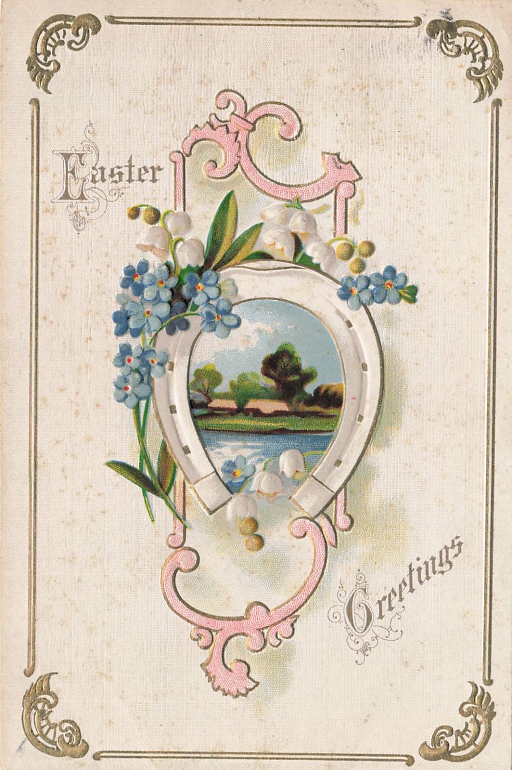 Antique 1910 Easter Greetings Postcard Horseshoe Flowers Embossed Waterloo NY