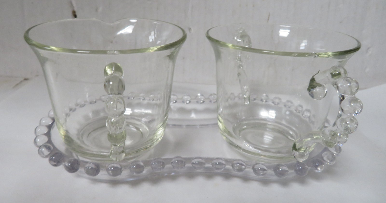 Candlewick Cream Sugar Set w Tray IMPERIAL GLASS Tray is seated anti-slide Vtg Candlewick Cream Sugar Set w Tray IMPERIAL GLASS Tray is seated anti-slide Vtg