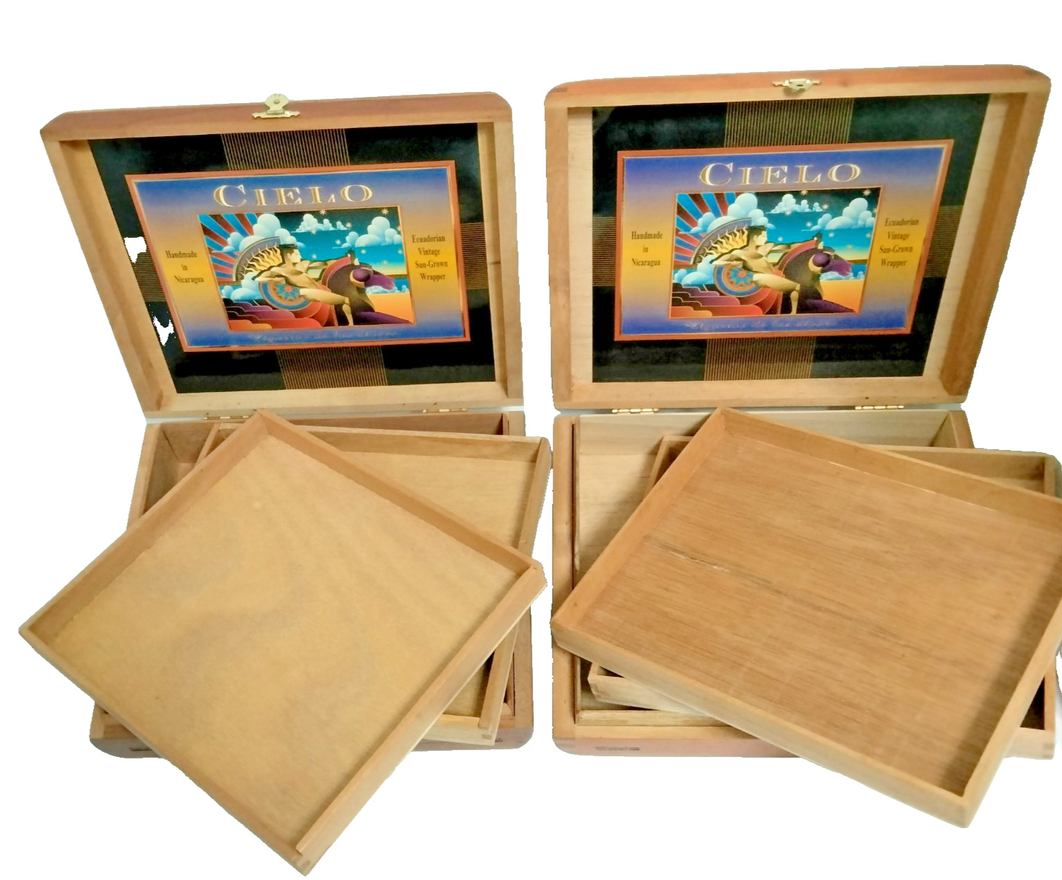 Lot of 2 Perdomo Cielo Wooden Cigar Boxes Multi-Layer 2-Trays Each Empty 223-89