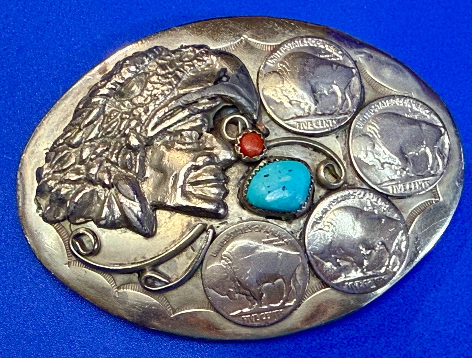 Indian Chief Head Eagle Buffalo Nickel Coin With Turquoise & Coral Belt Buckle