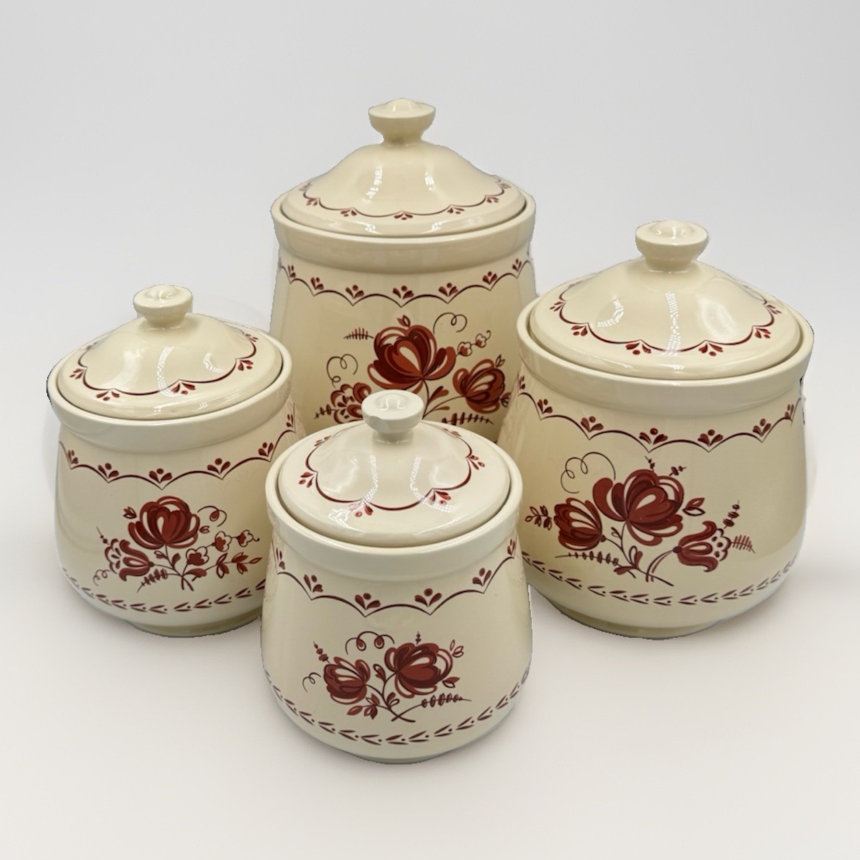 David Davir 4 Piece 1980’s Country Ceramic Canister Set Cream Red Floral Design
