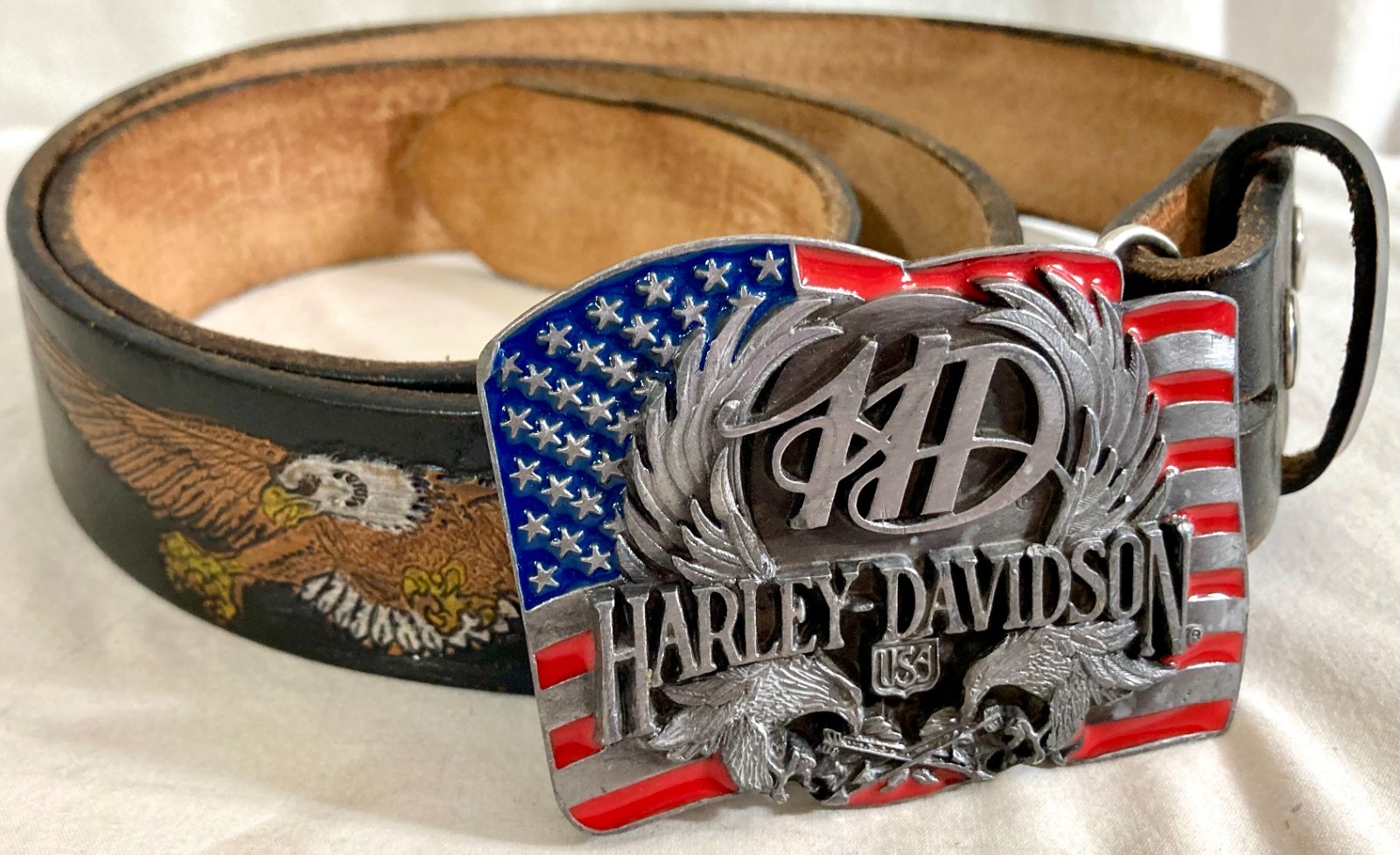 Harley Davidson Leather Belt With 1989 Siskiyou Buckle Eagle Flag Excellent