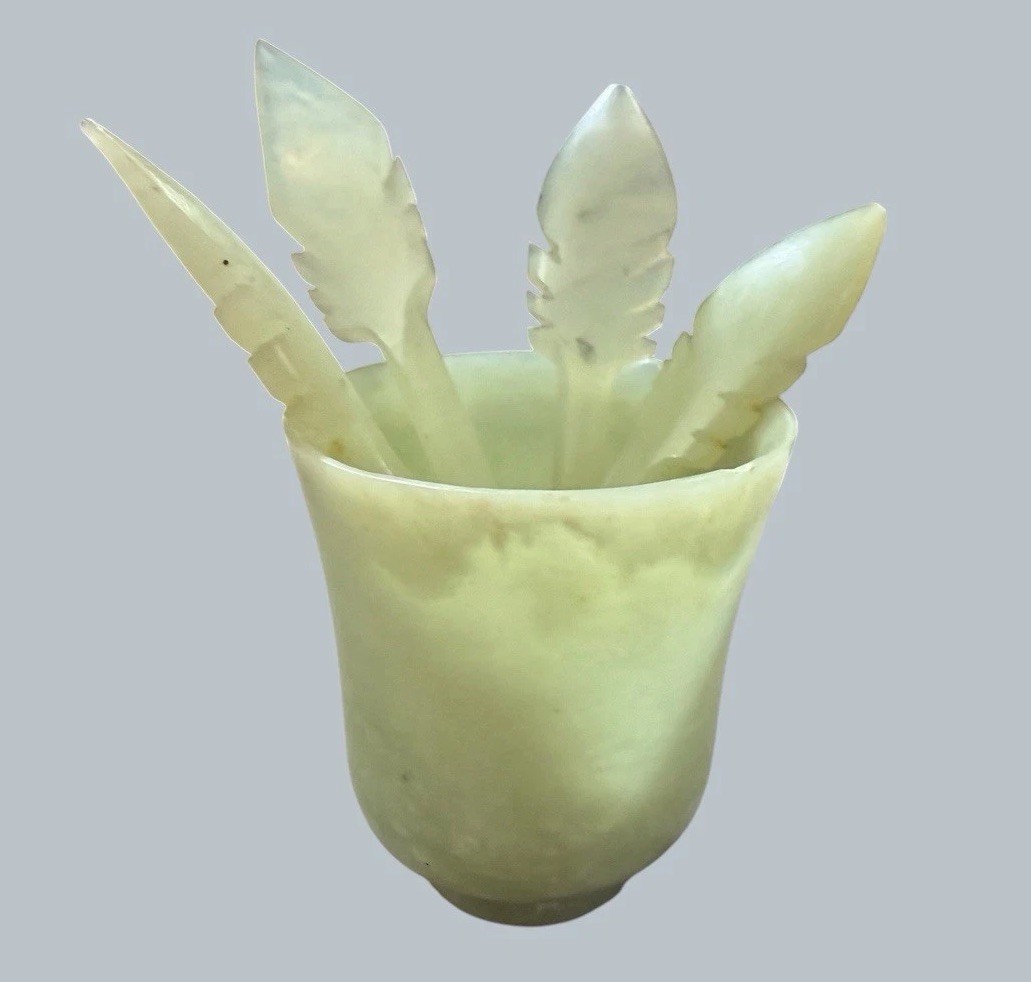 Vintage Chinese Carved Celadon Nephrite Jade Tea Cup & 4 Matching Cocktail Picks