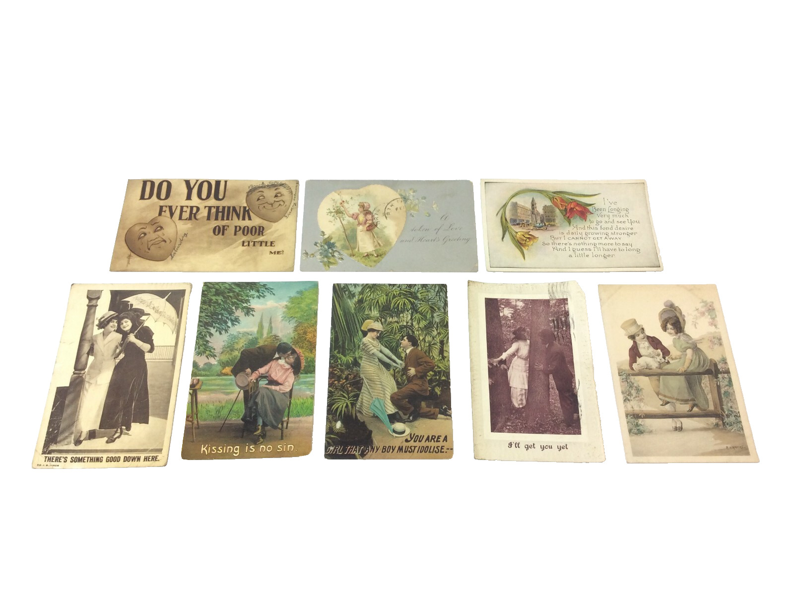 Mixed Lot of 8 Antique & Vintage Romantic Romance Postcards Ill Get You Yet Kiss