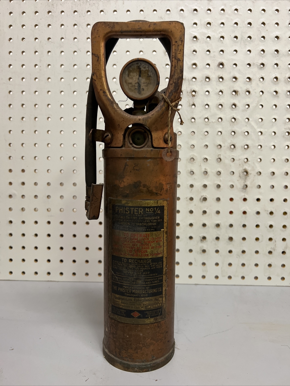 Vintage Phister No 1/4 Brass Wall Mount Fire Extinguisher Empty WW2 Era