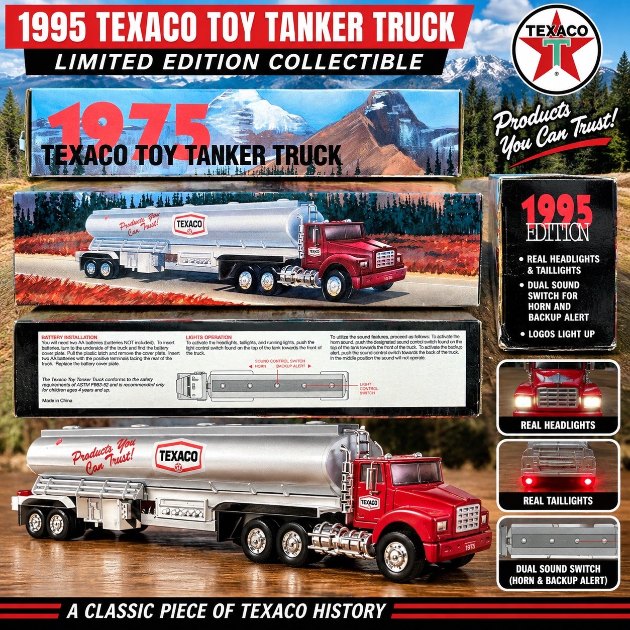 1995 Texaco 1975 Toy Tanker Truck Lights Sound Original Box Vintage 15” 1995 Texaco 1975 Toy Tanker Truck Lights Sound Original Box Vintage 15”