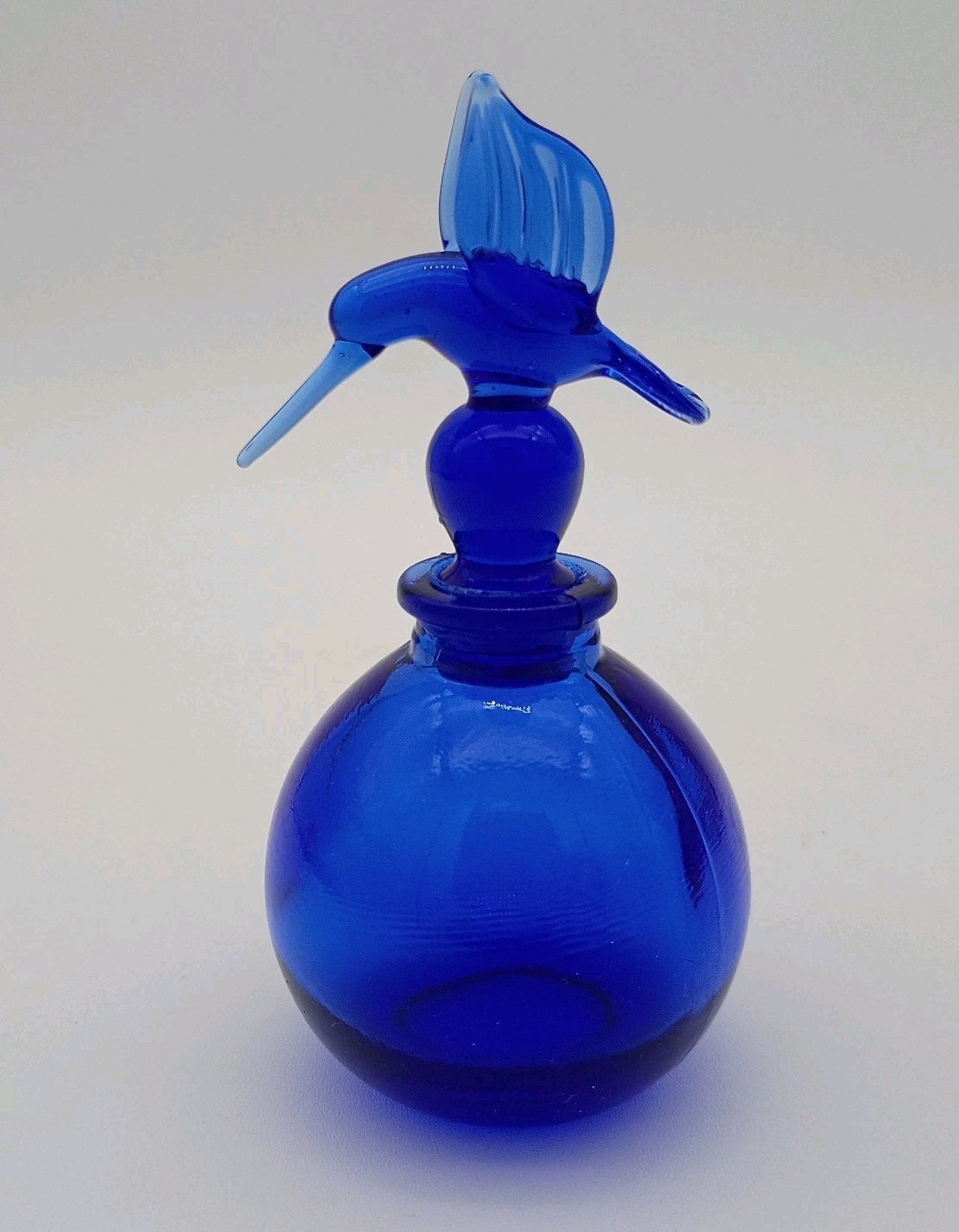 Vintage Cobalt Blue Glass Perfume Bottle Hummingbird Stopper Vanity Art Glass