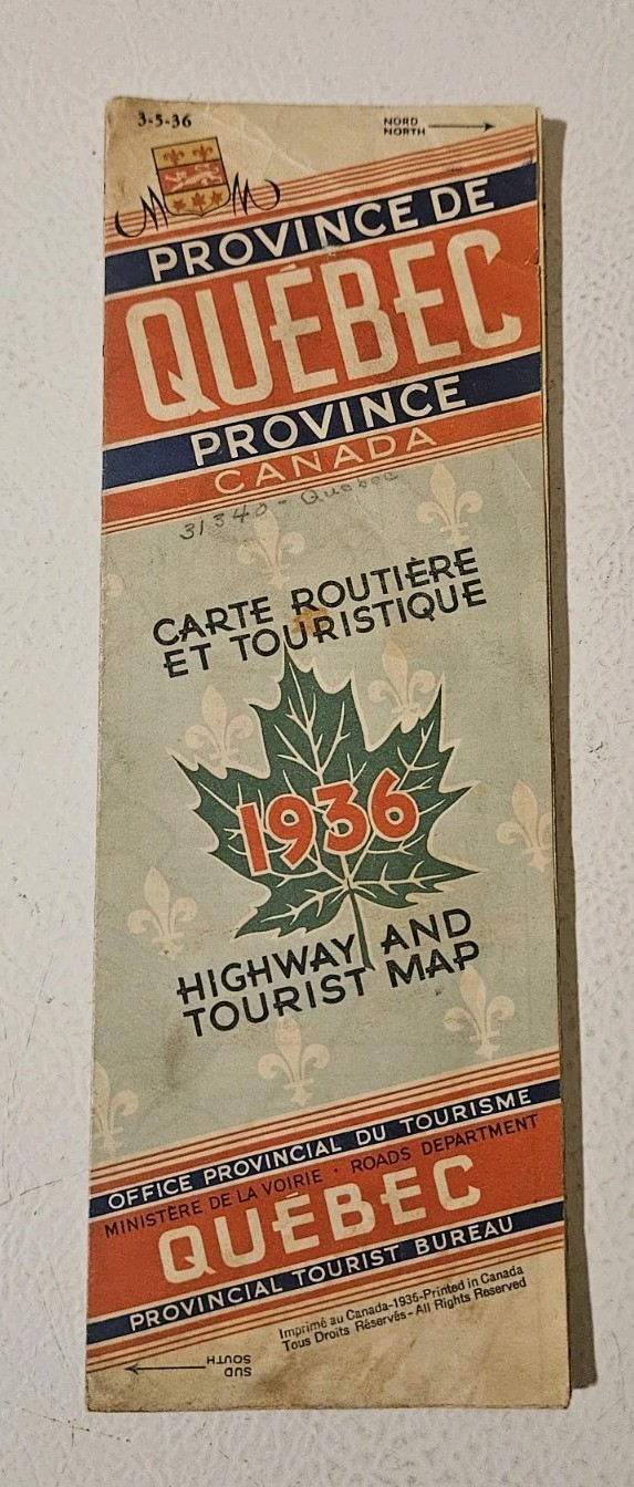VINTAGE Antique 1936 HIGHWAY TOURIST MAP Quebec Canada TRAVEL Ephemera CLEAN