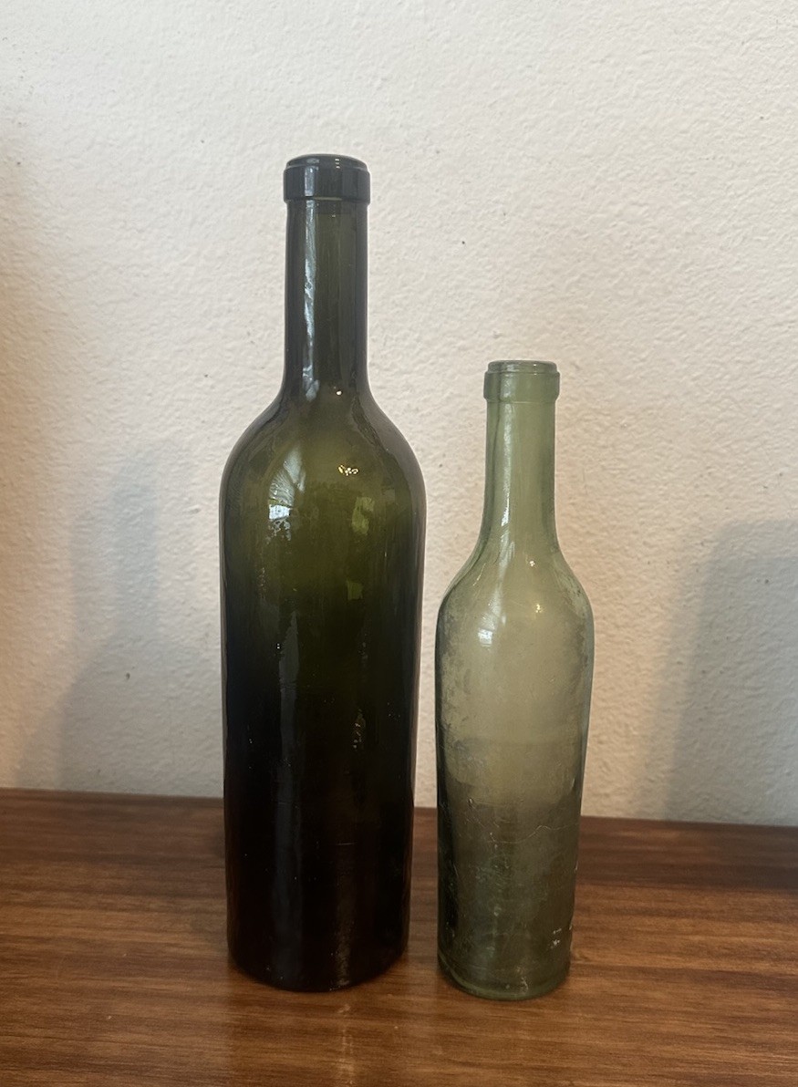 Pair of 2 Antique Green Glass Wine Bottles, Deep Punt Bottoms - 9.5\