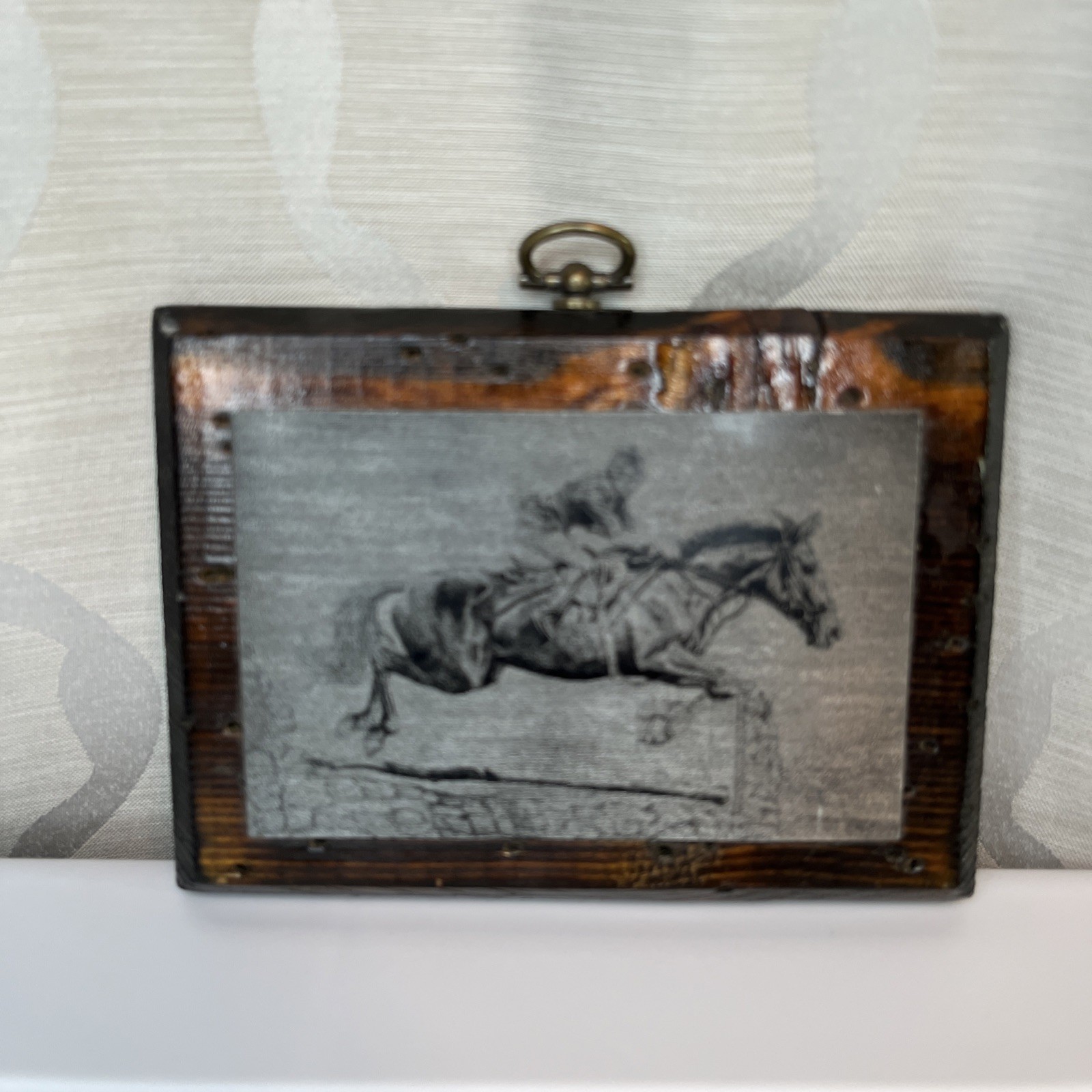 Vintage Metal Print Etch Jumping Horse And Rider Mounted On Wood Art