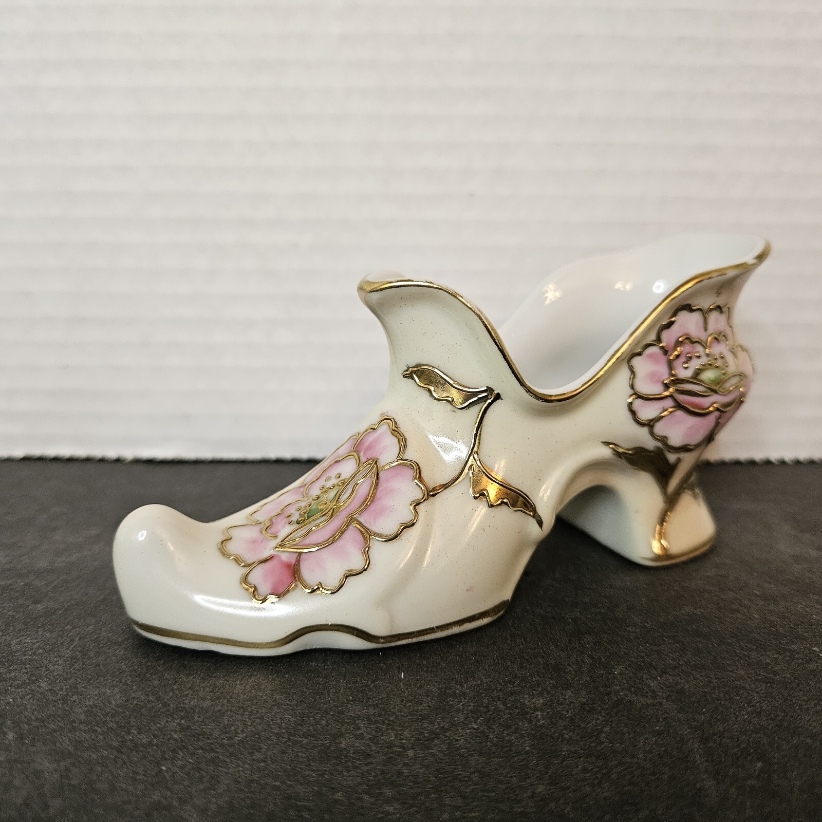 White Porcelain Slipper with Hand Painted Flowers Gold Accent 							