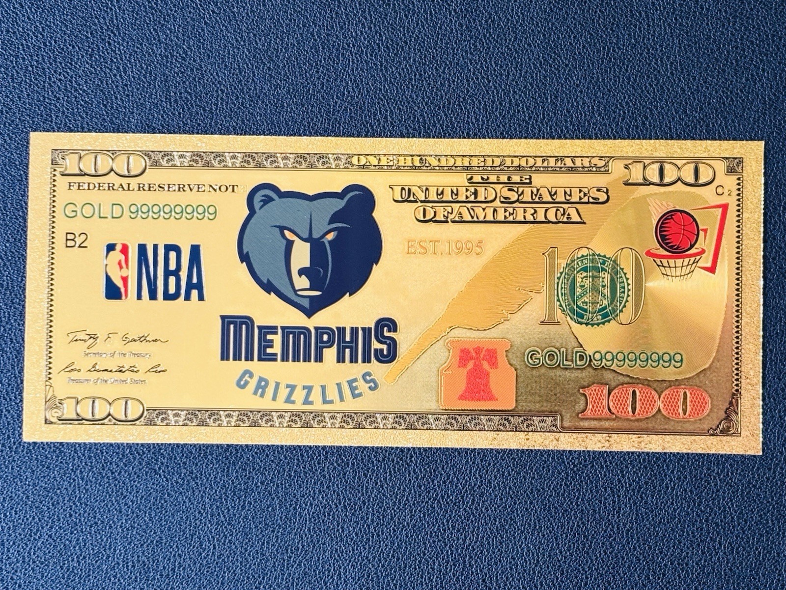 Memphis Grizzlies 24k Gold Foil Plated Basketball Team Banknote NBA