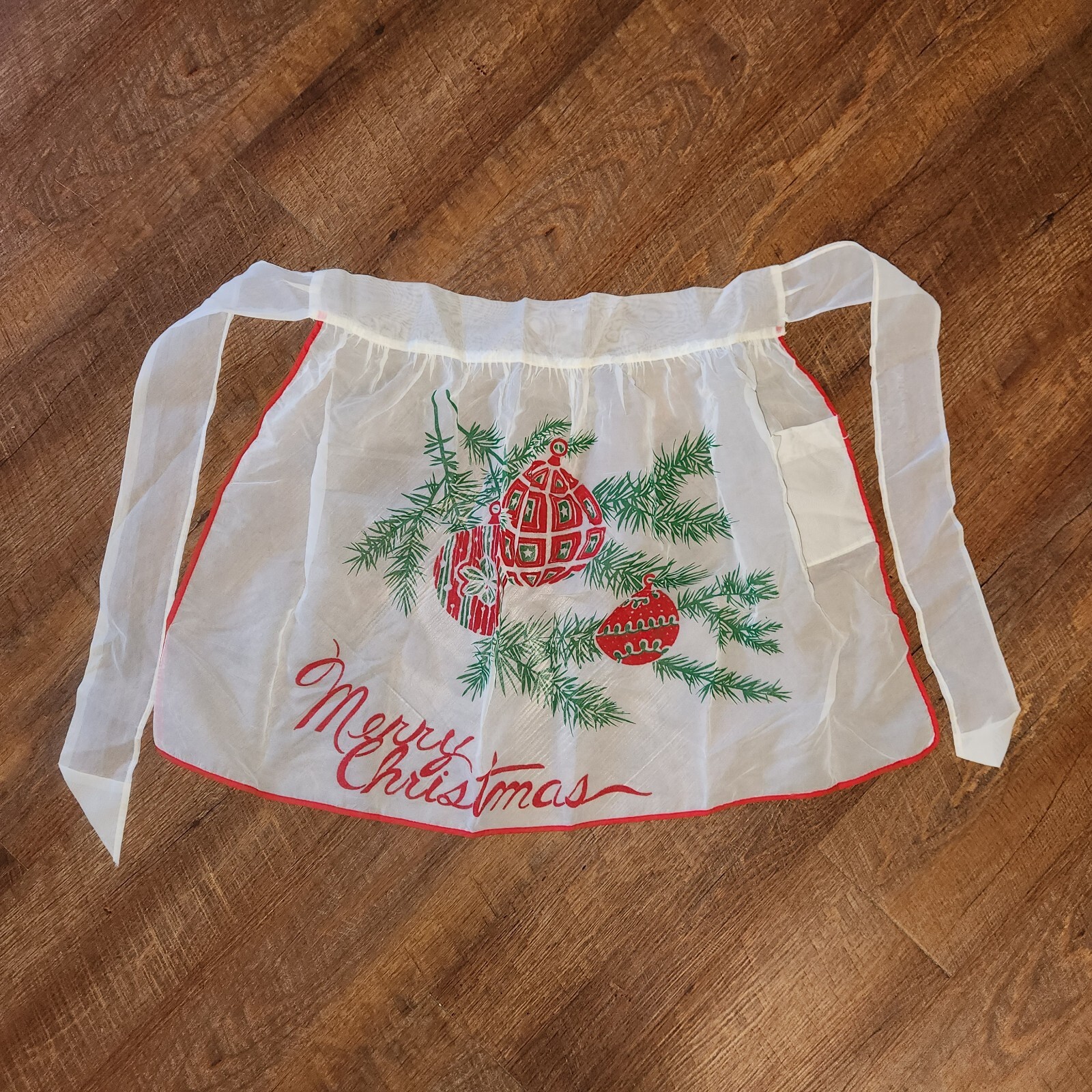 VTG 1960s Christmas Apron Beautiful  Sheer Red Velvet Flocked Ornament Pine Tree