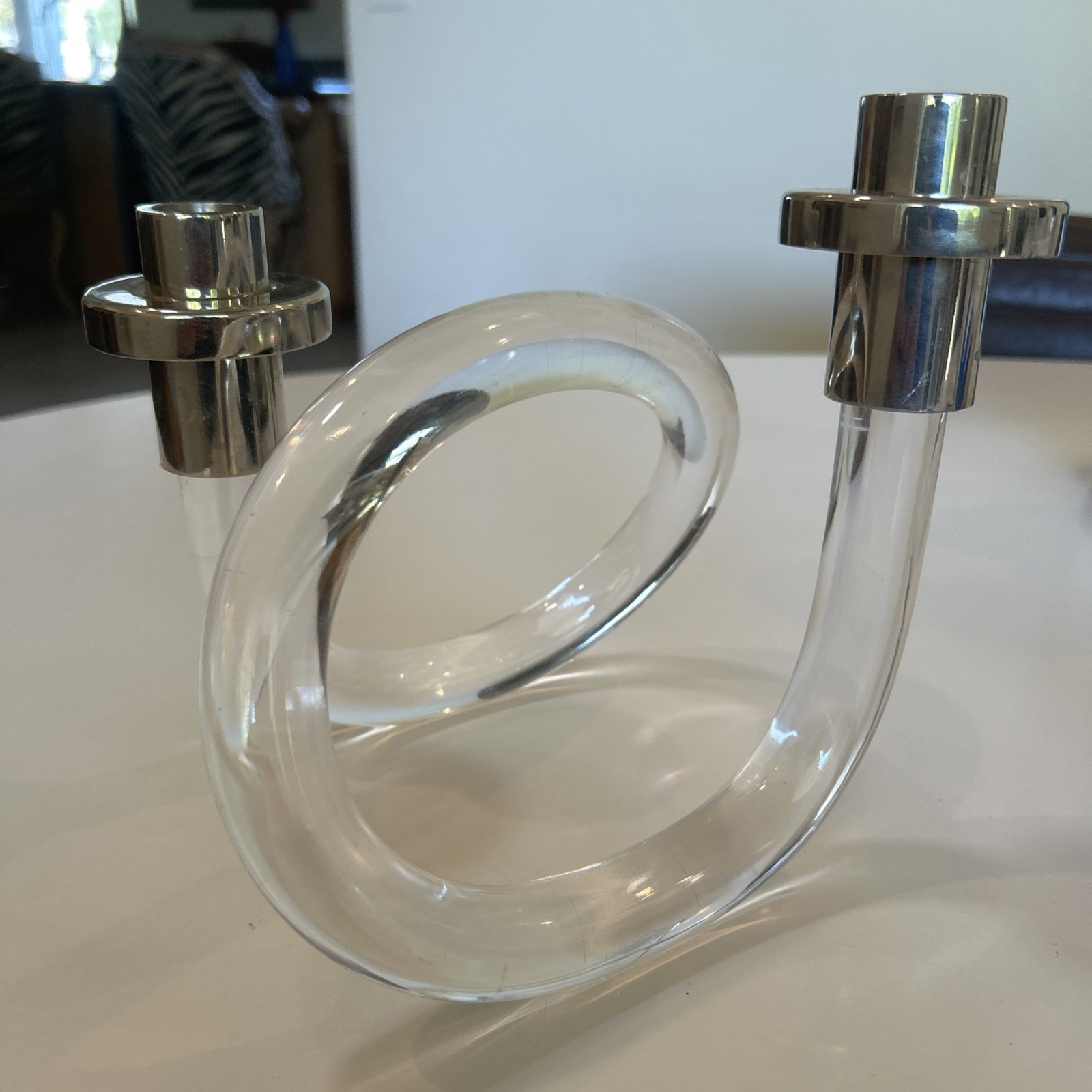 Vtg Dorothy Thorpe 2 Taper Twisted Lucite  Chrome Candleholder