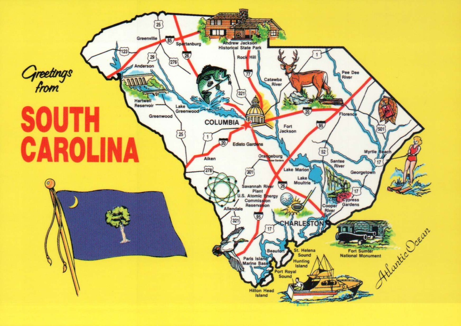 Greetings from South Carolina, Charleston Columbia etc Flag - State Map Postcard Greetings from South Carolina, Charleston Columbia etc Flag - State Map Postcard