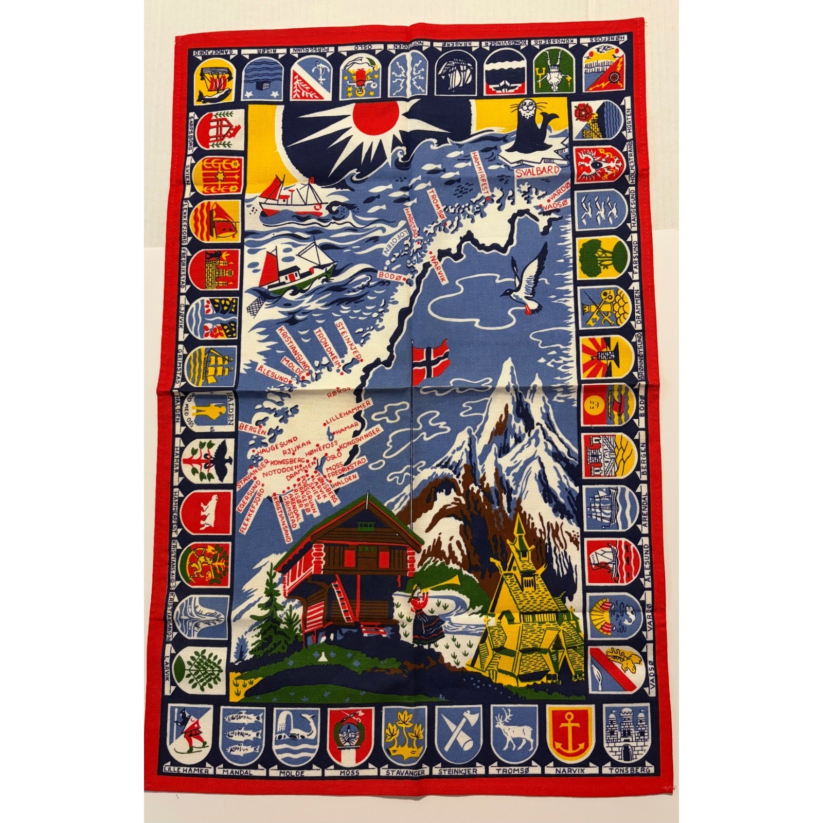 Vintage Norway Map Tea Towel Souvenir Cotton City Crests Stave Church 26x16.5