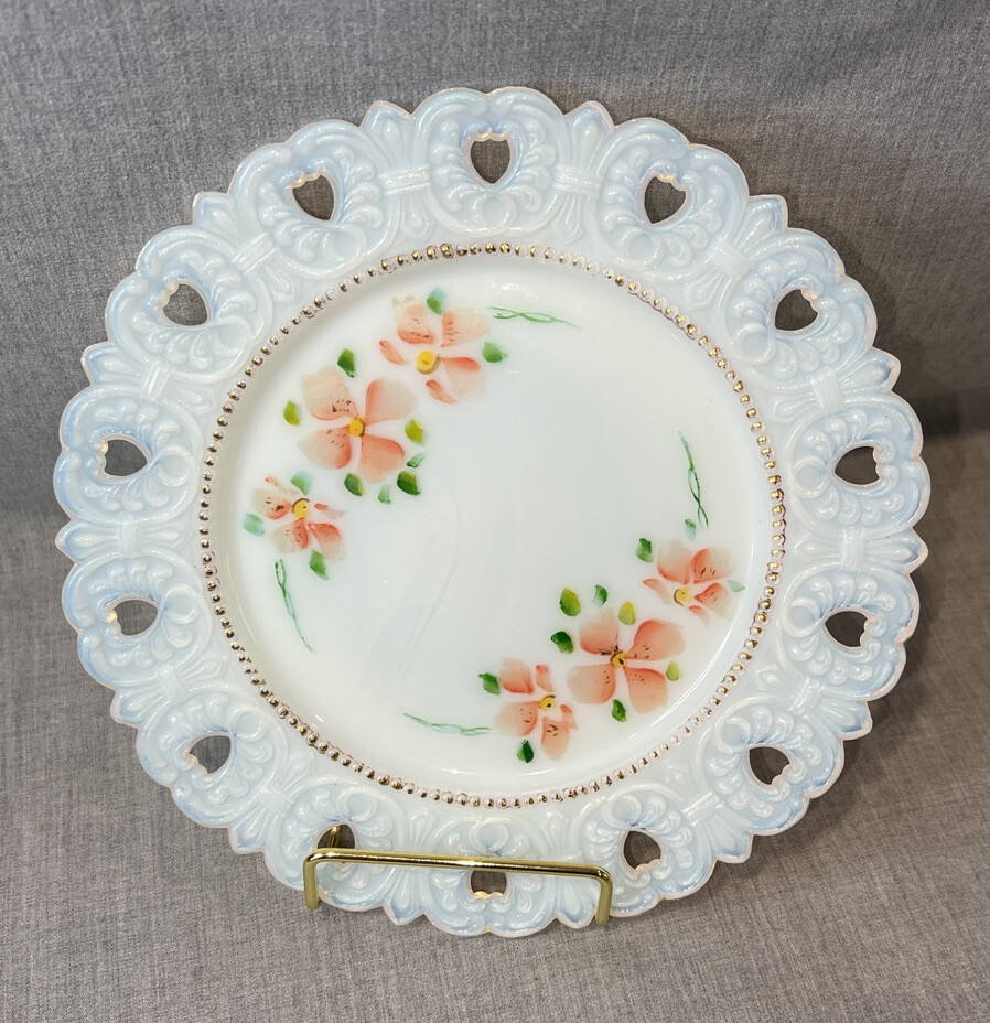 Vintage Milk Glass Plate Hand Painted Lornita  Beautiful Floral 7.5