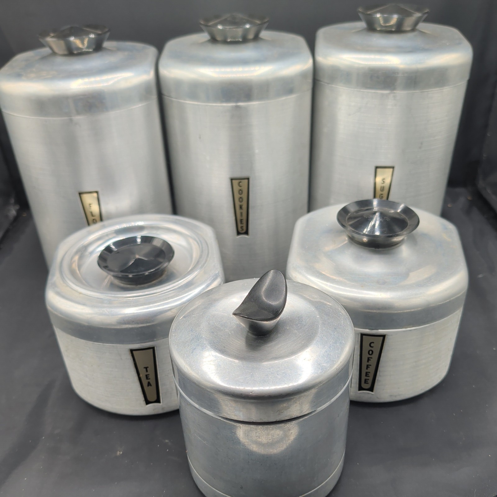 Vintage 1950s Kromex Aluminum Kitchen Canisters Set 6 Sugar Flour Coffee Tea MCM Vintage 1950s Kromex Aluminum Kitchen Canisters Set 6 Sugar Flour Coffee Tea MCM