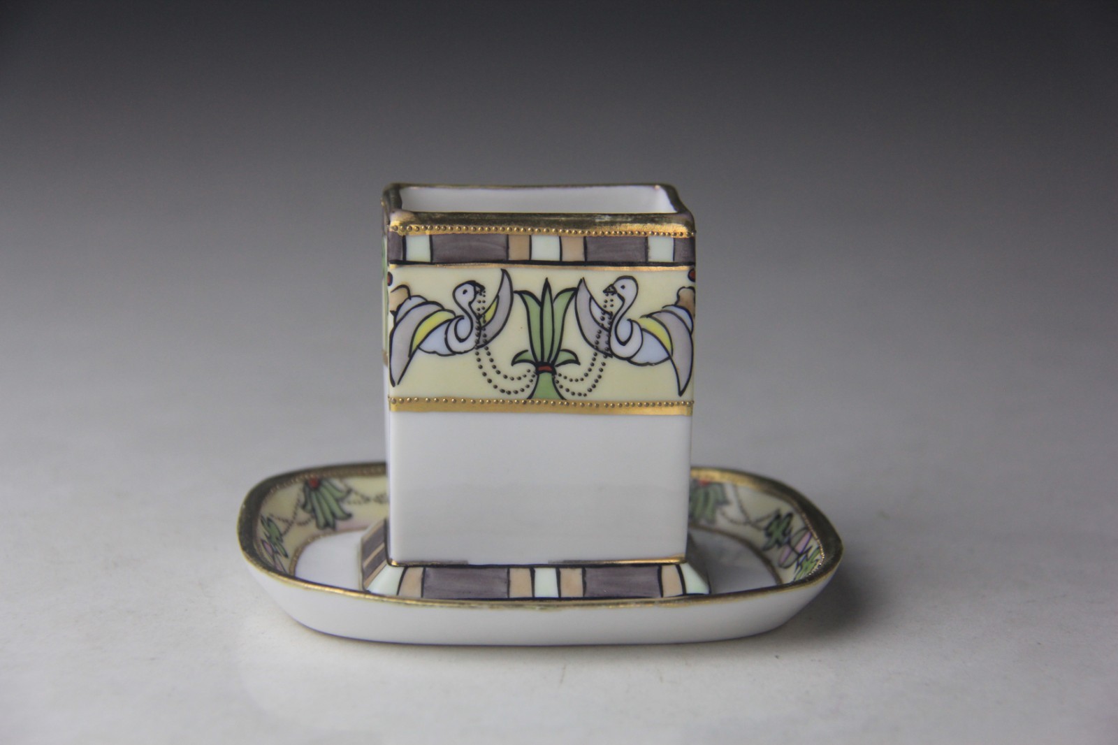 Antique RC Nippon Hand Painted Porcelain Match Box Holder w/ Tray