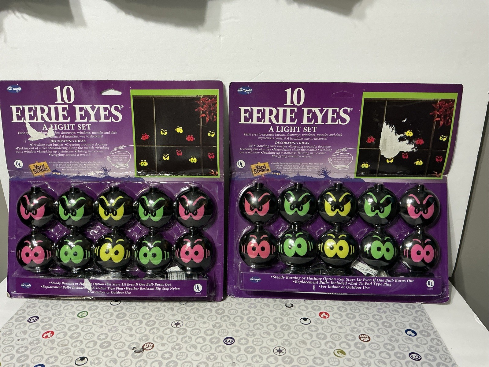 2x Vintage EERIE EYES (20) Blow Mold Halloween Light Set FUN WORLD String Lights