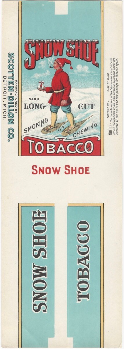 Snow Shoe Long Cut Smoking Chewing Tobacco Large Original Label Scotten-Dillon